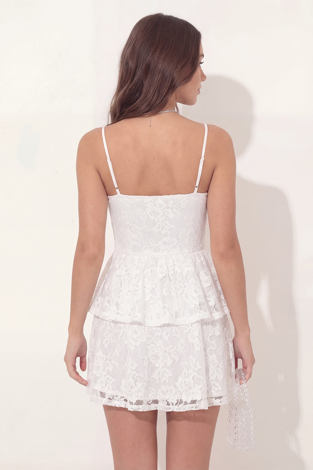White Lace Tiered Spaghetti Straps Short Bridal Shower Dress
