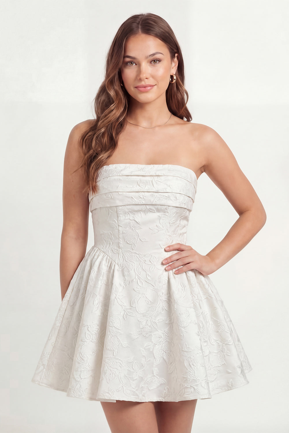 White A Line Floral Jacquard Short Bridal Shower Dress