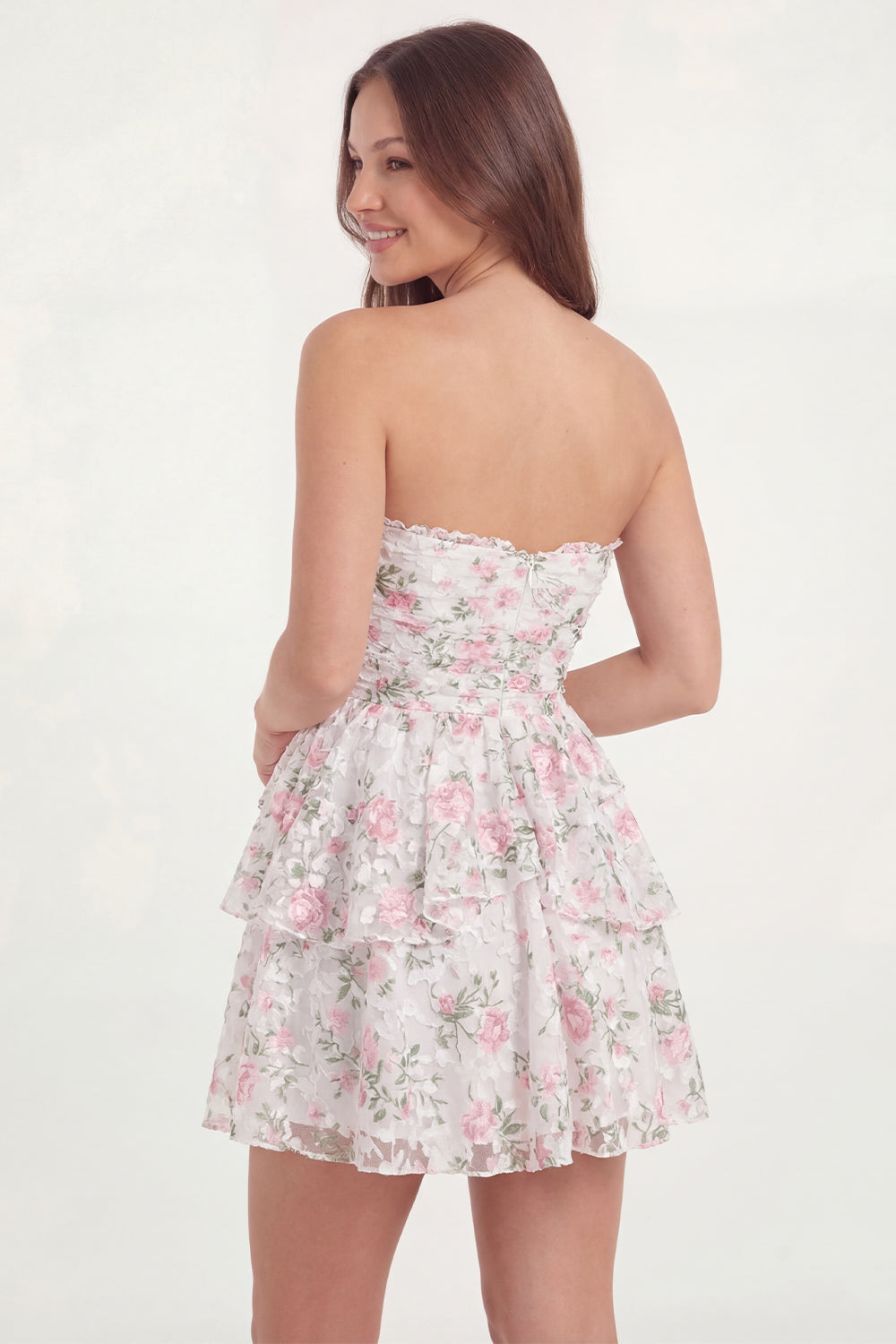 White Pink Floral Ruffled Tiered Strapless Ruched Short Bridal Shower Dress