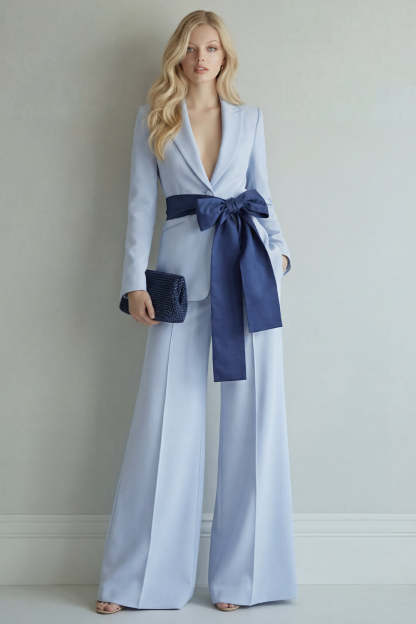 2 Piece Light Blue Single Breasted Peak Lapel Women Formal Suits with Bow