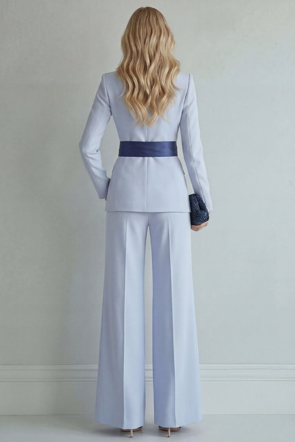 2 Piece Light Blue Single Breasted Peak Lapel Women Formal Suits with Bow