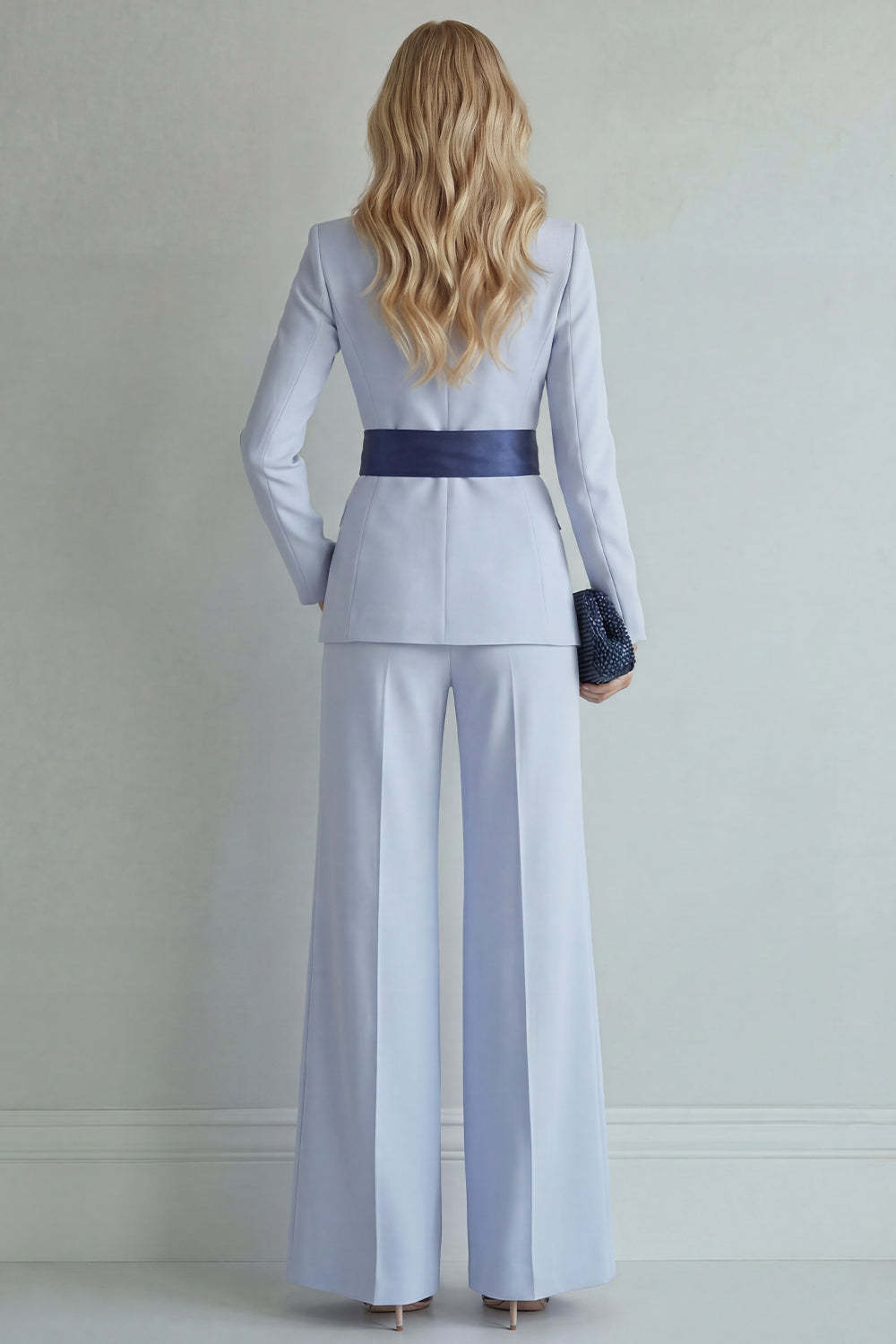 2 Piece Light Blue Single Breasted Peak Lapel Women Formal Suits with Bow