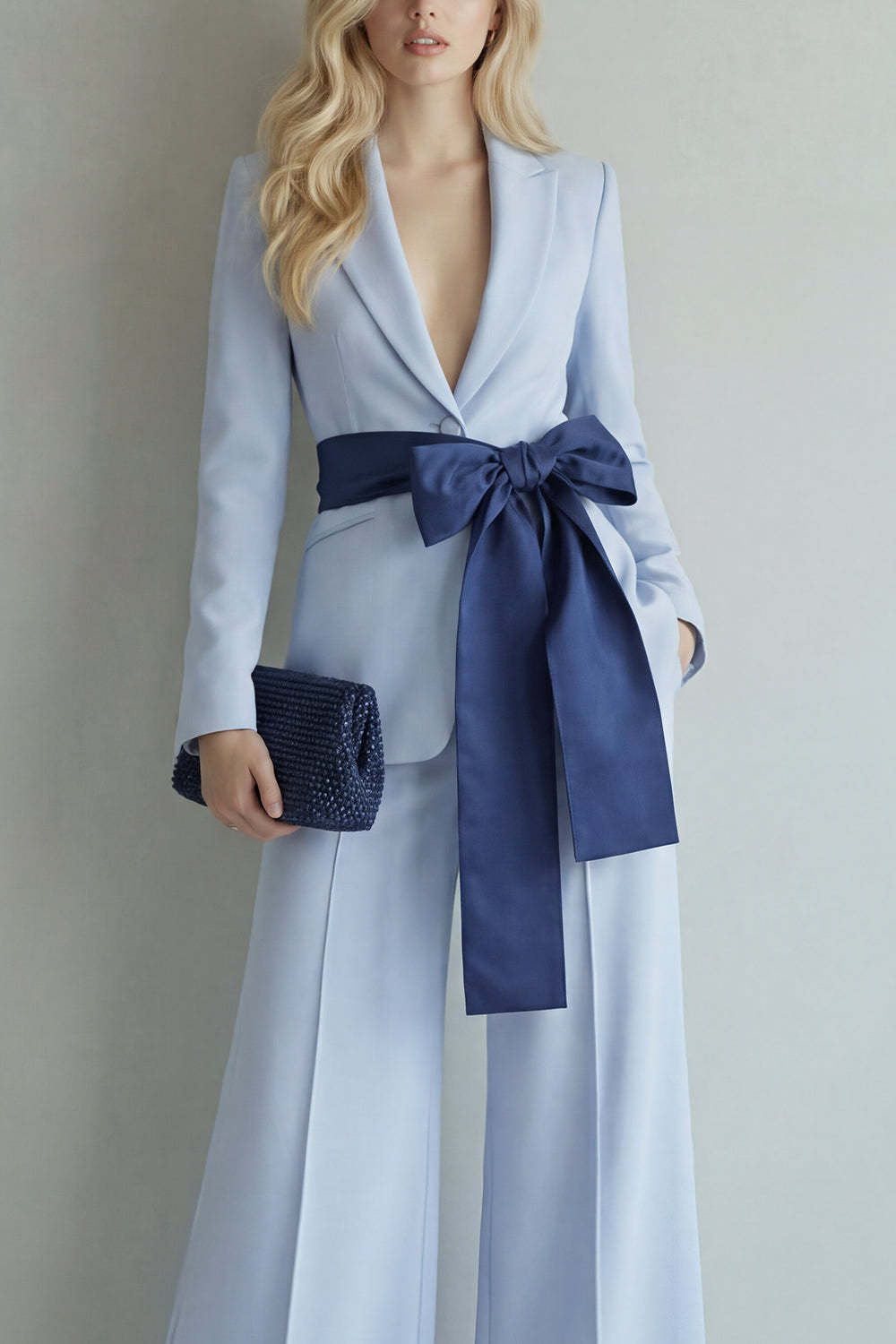 2 Piece Light Blue Single Breasted Peak Lapel Women Formal Suits with Bow