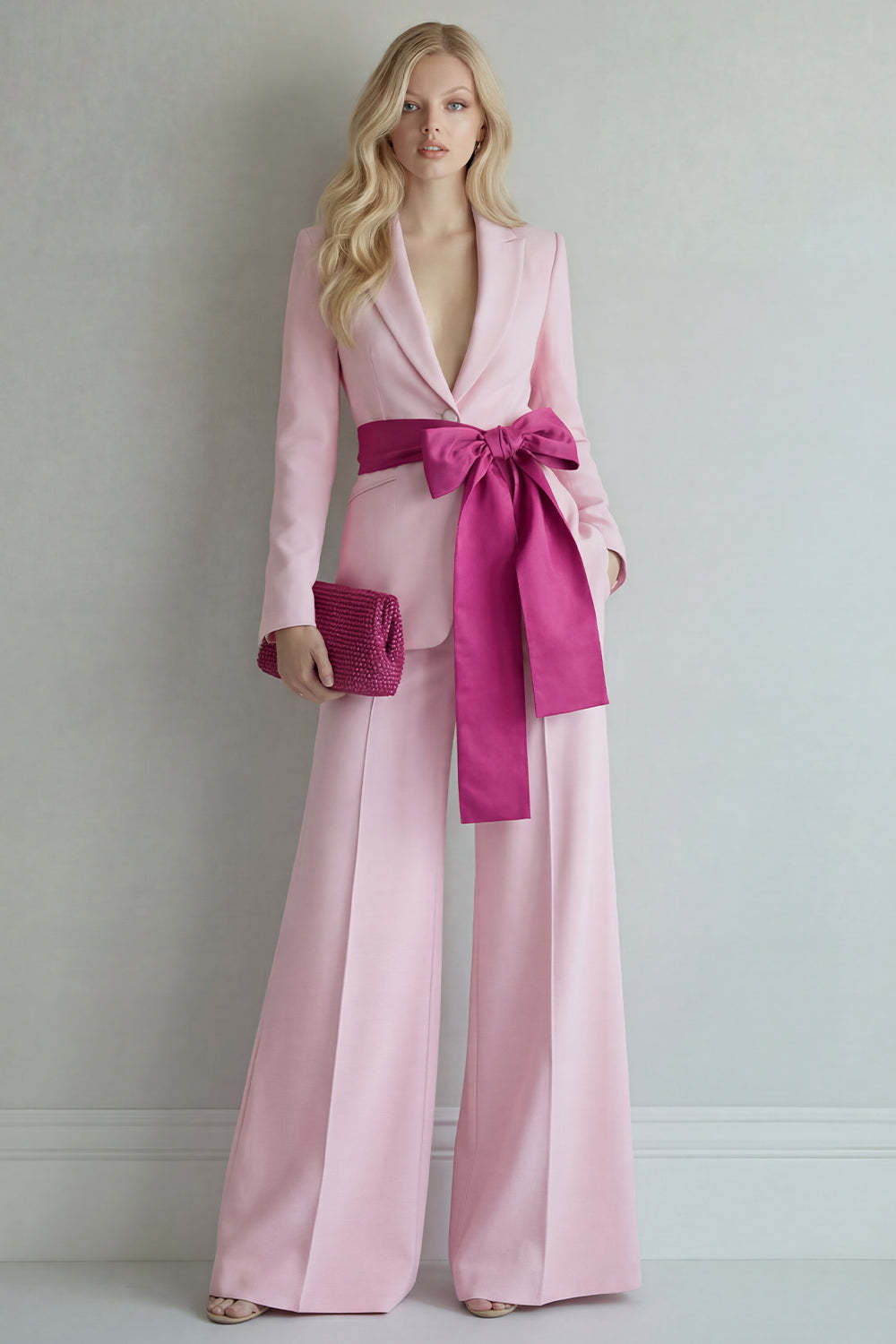 2 Piece Light Blue Single Breasted Peak Lapel Women Formal Suits with Bow