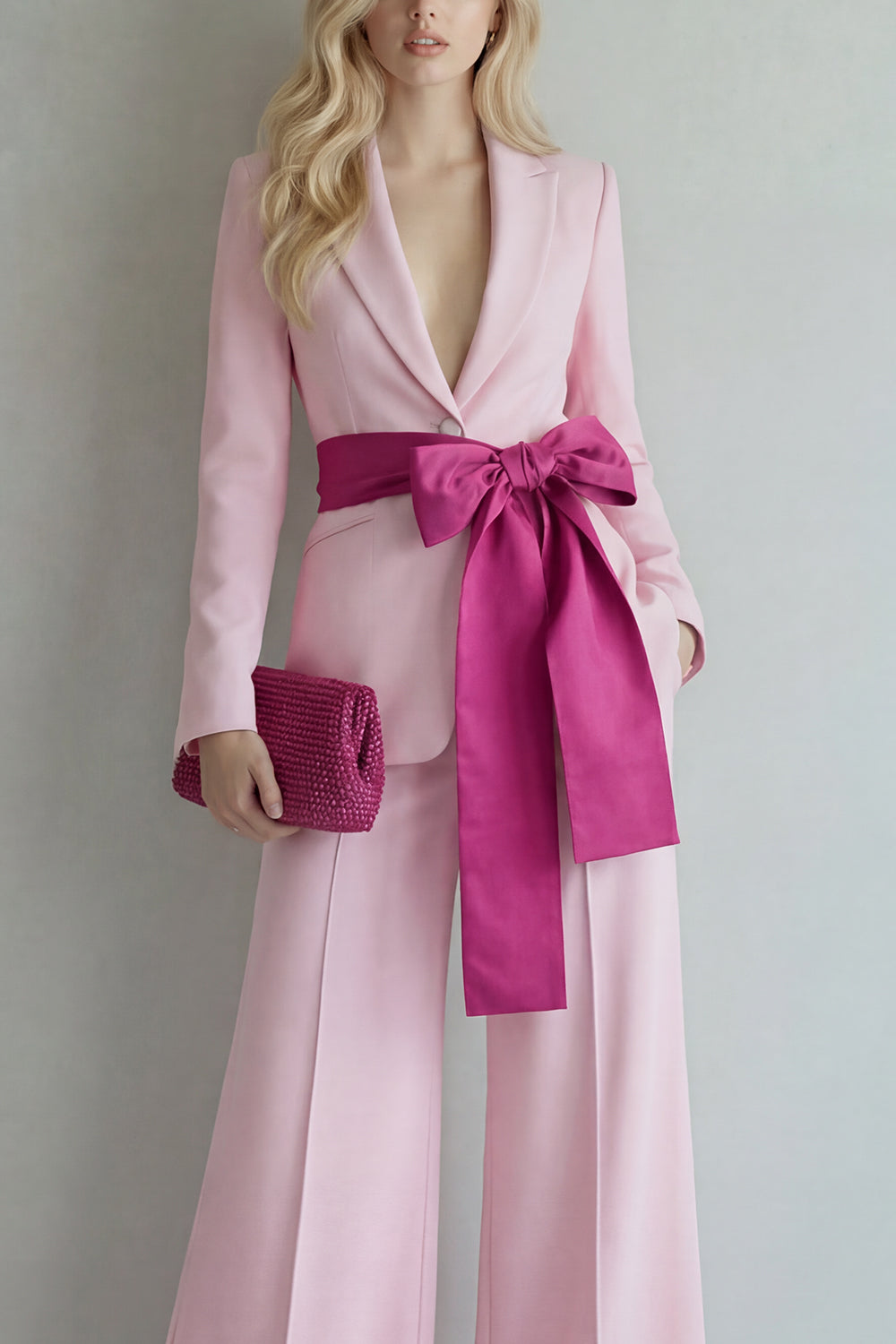 2 Piece Light Blue Single Breasted Peak Lapel Women Formal Suits with Bow