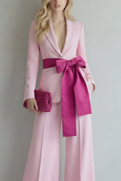 2 Piece Light Blue Single Breasted Peak Lapel Women Formal Suits with Bow