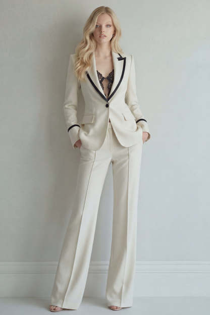 Leely Women Ivory Single Breasted Peak Lapel Women Formal Suits 2 Piece Long Sleeves Work Pantsuits with Pockets
