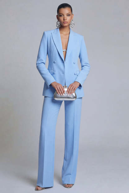 Leely Women 2 Piece Blue Business Suits Double Breasted Peak Lapel Wide Leg Work Pantsuits