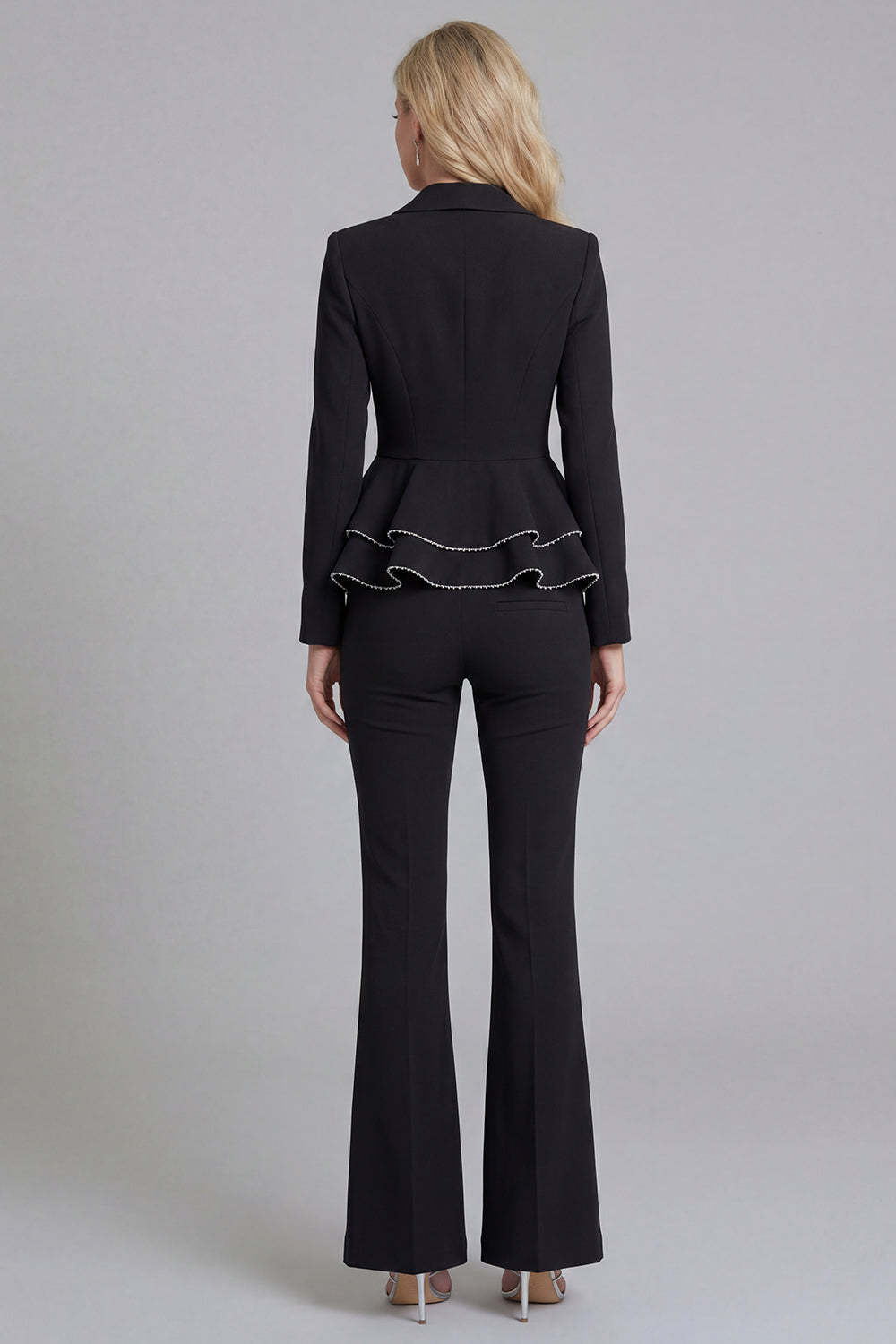 Black 2 Piece Double Breasted Peak Lapel Ruffled Women Formal Suits