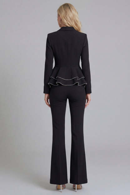 Black 2 Piece Double Breasted Peak Lapel Ruffled Women Formal Suits
