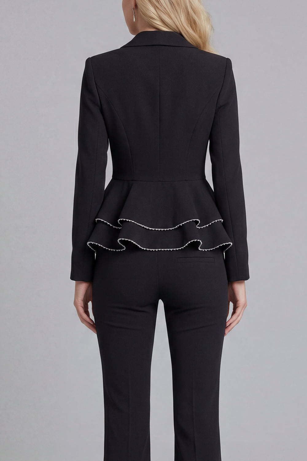 Black 2 Piece Double Breasted Peak Lapel Ruffled Women Formal Suits