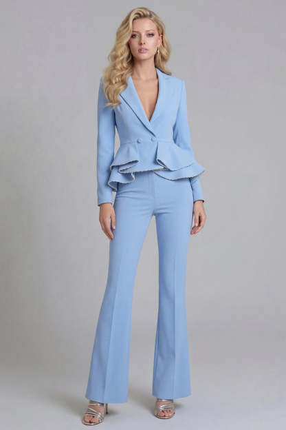 Black 2 Piece Double Breasted Peak Lapel Ruffled Women Formal Suits