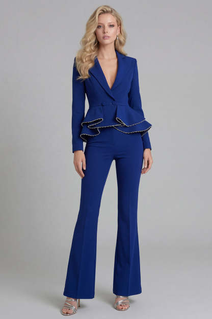 Black 2 Piece Double Breasted Peak Lapel Ruffled Women Formal Suits