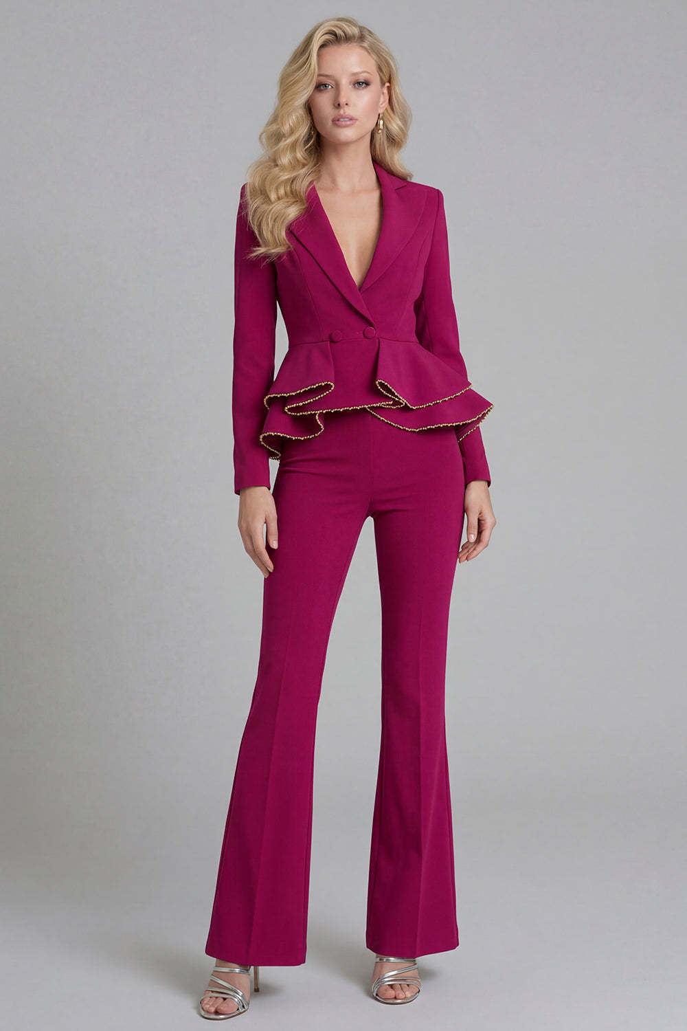 Leely Women Black 2 Piece Double Breasted Women Formal Suits Peak Lapel Ruffled Long Sleeves Work Pantsuits
