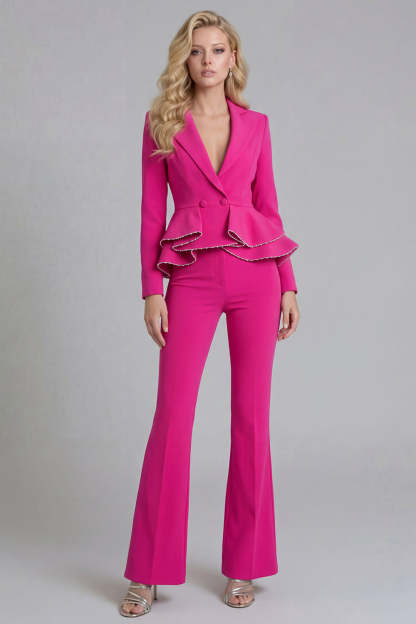 Black 2 Piece Double Breasted Peak Lapel Ruffled Women Formal Suits