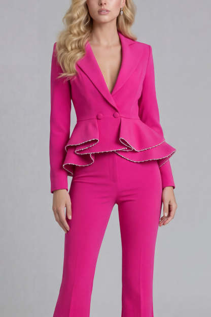 Black 2 Piece Double Breasted Peak Lapel Ruffled Women Formal Suits