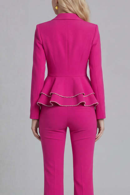 Black 2 Piece Double Breasted Peak Lapel Ruffled Women Formal Suits