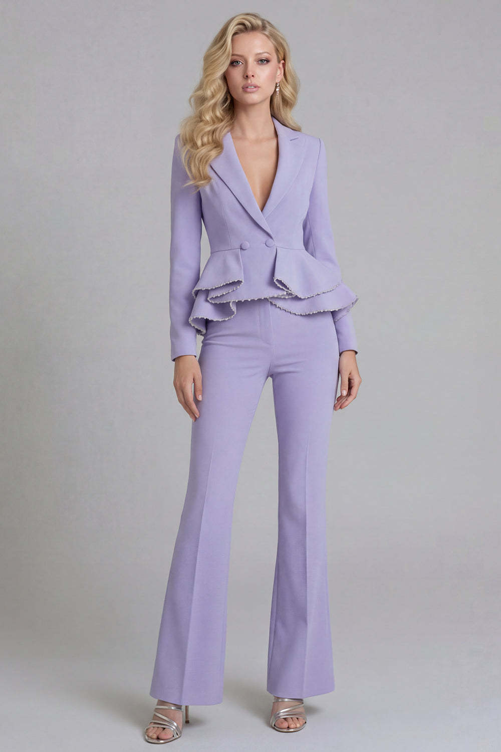 Black 2 Piece Double Breasted Peak Lapel Ruffled Women Formal Suits