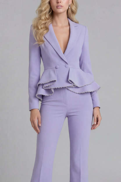 Black 2 Piece Double Breasted Peak Lapel Ruffled Women Formal Suits