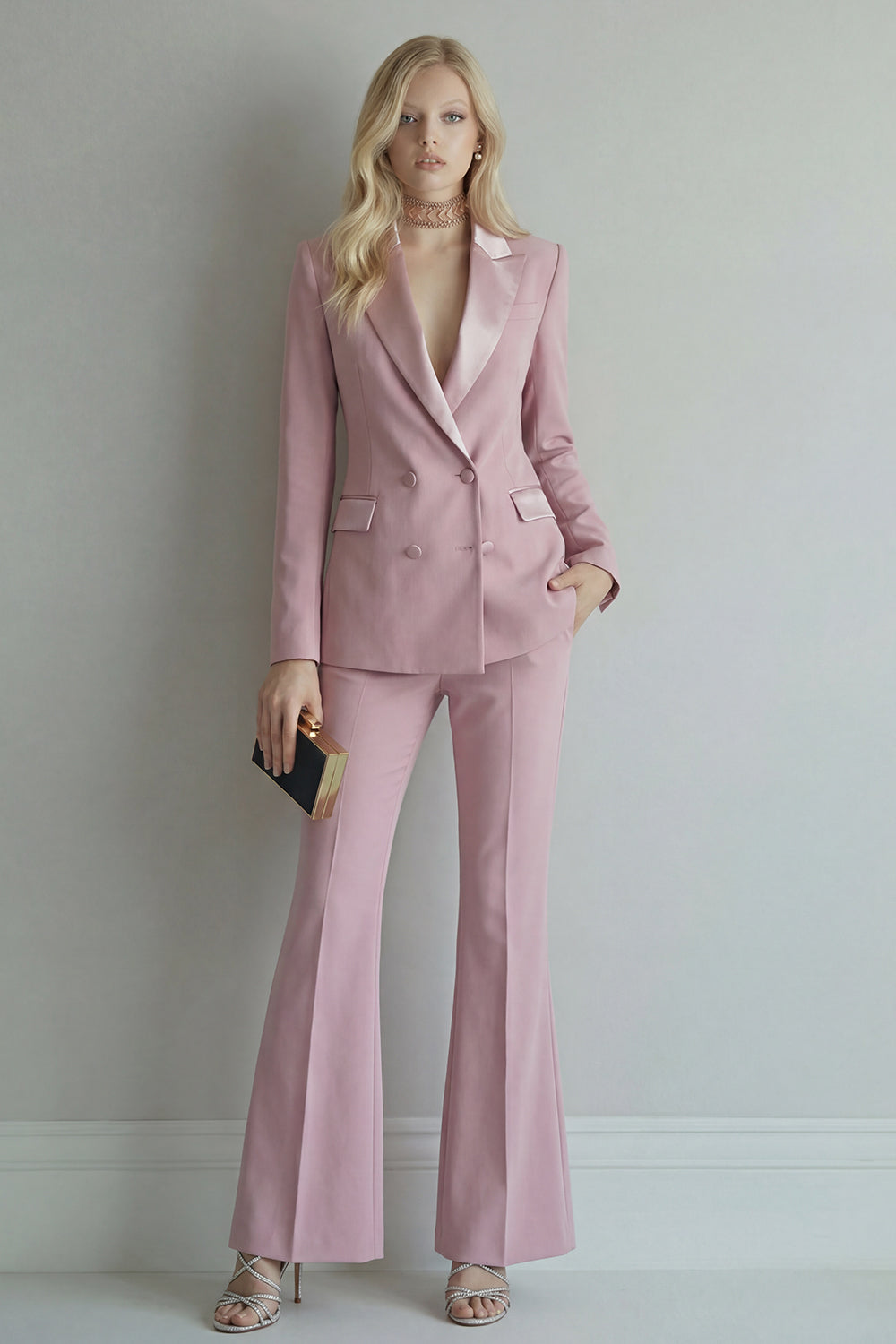 Leely Women 2 Piece Blue Business Suits Double Breasted Peak Lapel Work Pantsuits