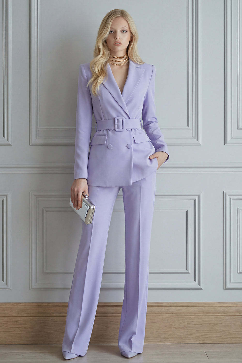 Leely Women 2 Piece Lilac Business Suits with Pockets Double Breasted Peak Lapel Work Pantsuits
