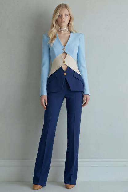 Leely Women Peak Lapel Blue Navy 2 Piece Business Suits Single Breasted Cut Out Work Pantsuits