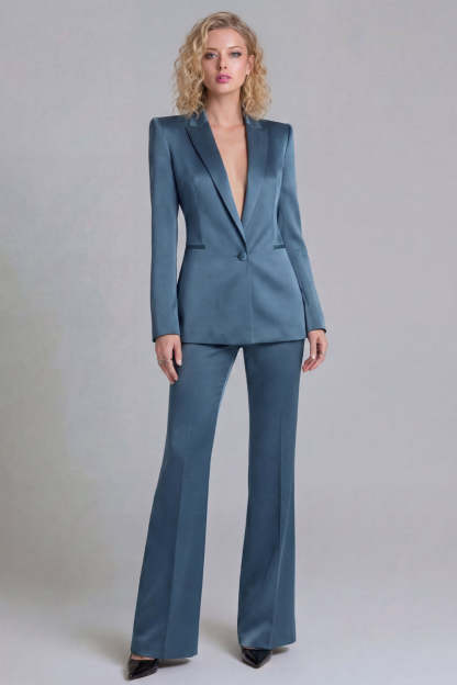 Leely Women Peak Lapel Blue Single Breasted Business Suits 2 Piece Long Sleeves Work Pantsuits