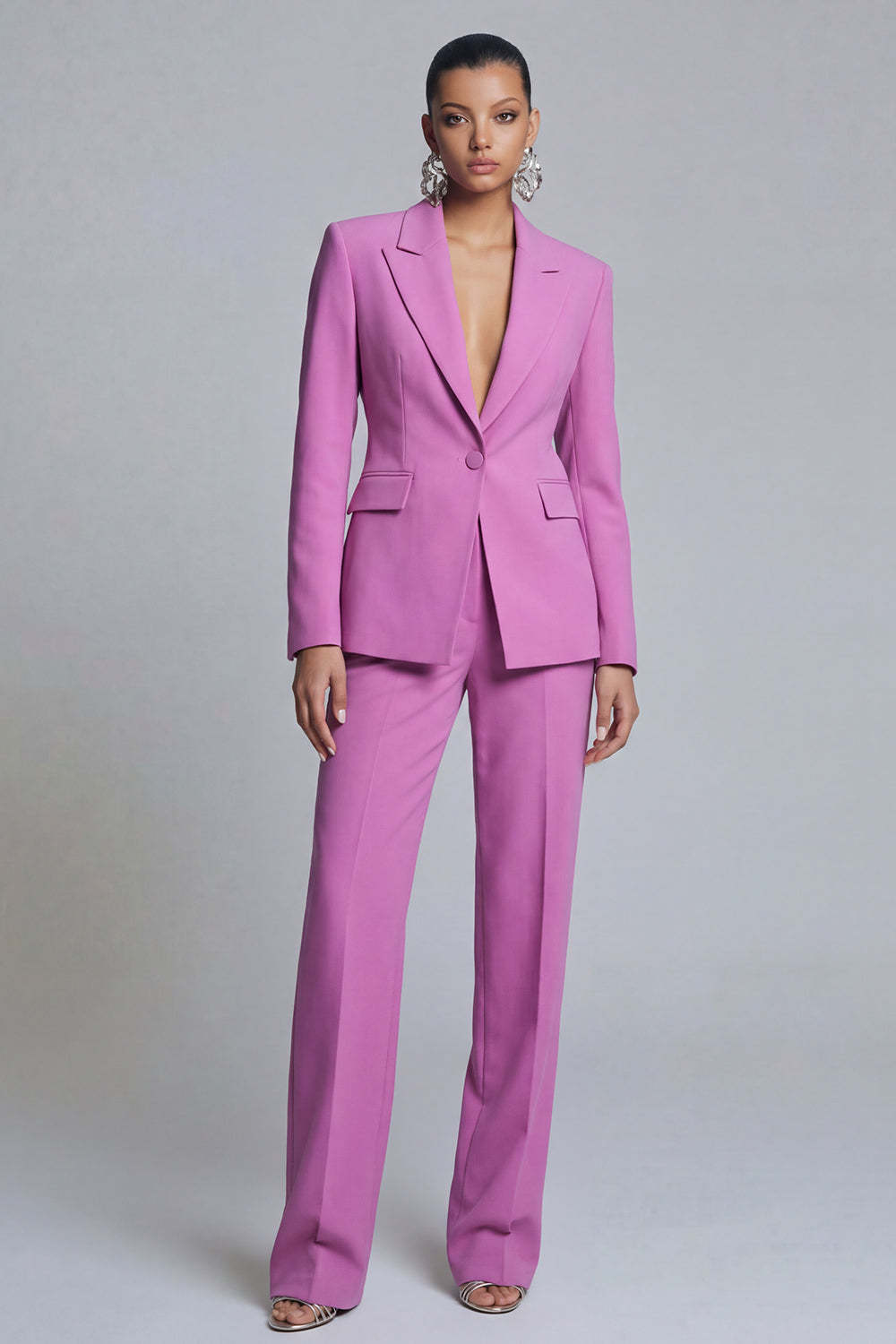 Leely Women Purple Peak Lapel 2 Piece Business Suits Long Sleeves Single Breasted Work Pantsuits