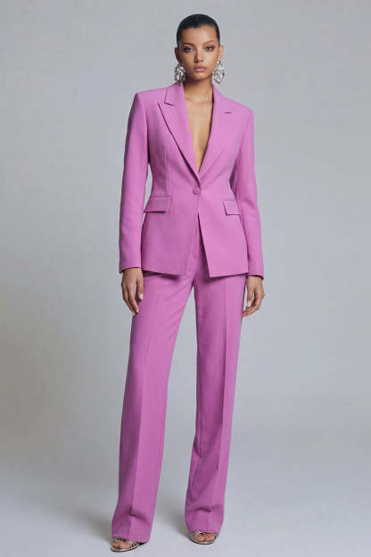 Leely Women Purple Peak Lapel 2 Piece Business Suits Long Sleeves Single Breasted Work Pantsuits