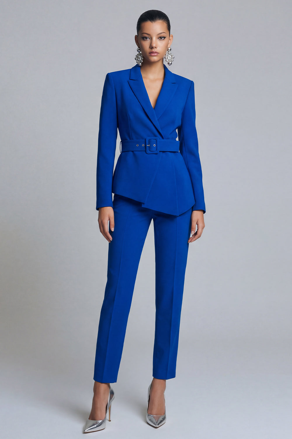 Leely Women Royal Blue Peak Lapel Business Suits with Belt 2 Piece Long Sleeves Work Pantsuits