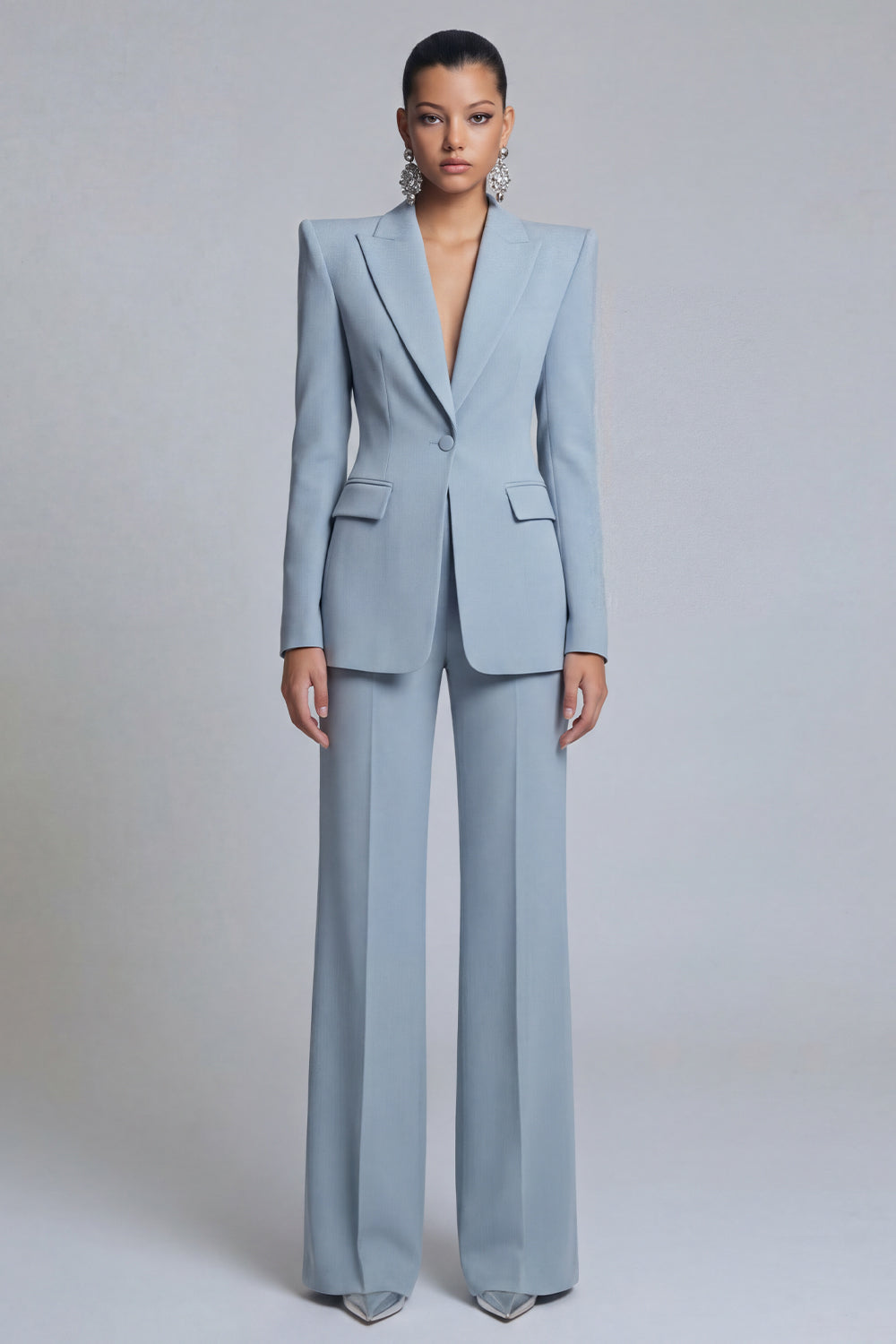 Grey Blue Peak Lapel Long Sleeves 2 Piece Business Suits