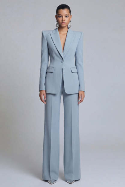 Leely Women Grey Blue Peak Lapel Long Sleeves Business Suits Single Breasted 2 Piece Work Pantsuits
