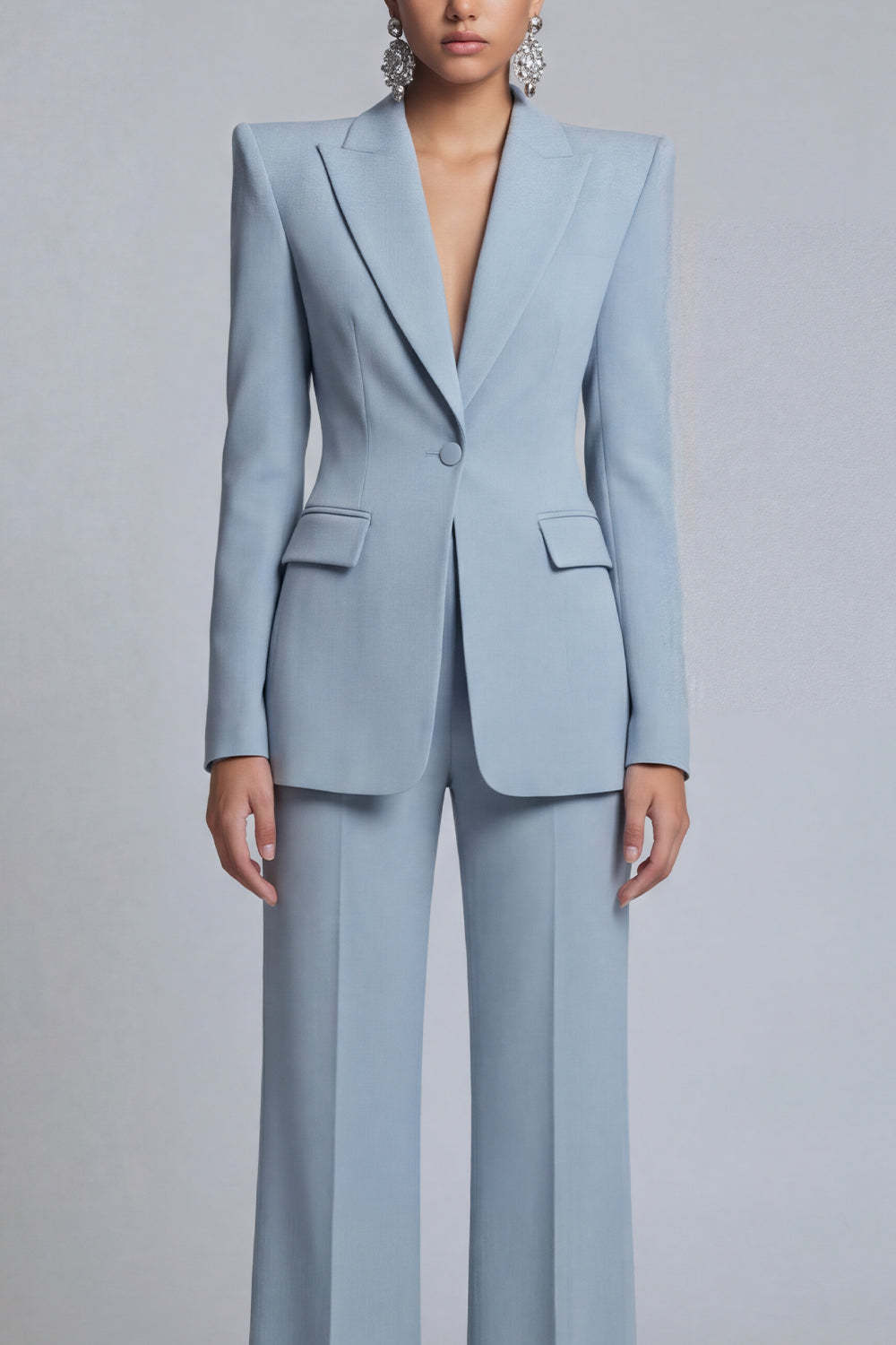 Grey Blue Peak Lapel Long Sleeves 2 Piece Business Suits