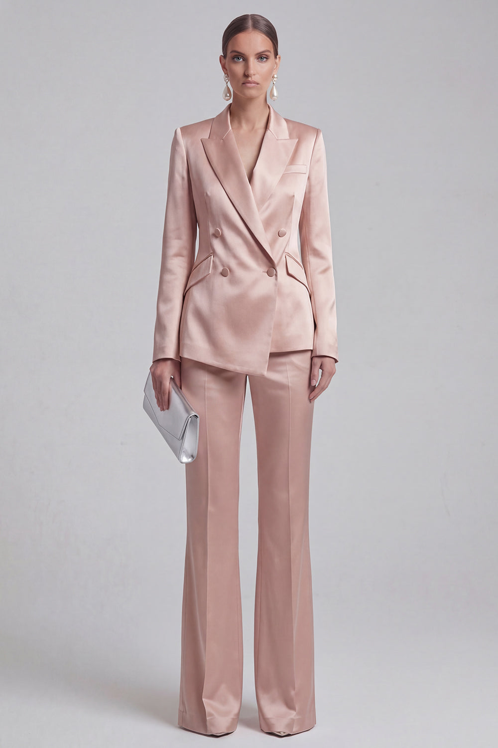 Leely Women White Peak Lapel Long Sleeves Business Suits 2 Piece Double Breasted Work Pantsuits