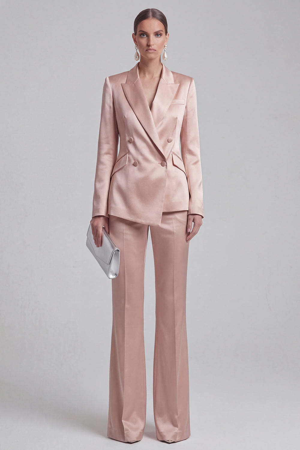 Leely Women White Peak Lapel Long Sleeves Business Suits 2 Piece Double Breasted Work Pantsuits