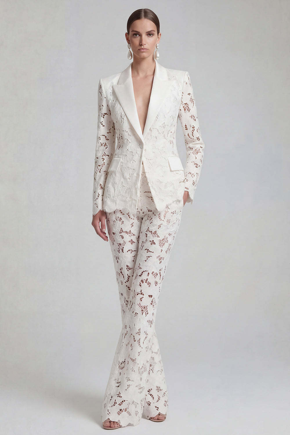 Leely Women White Peak Lapel 2 Piece Business Suits with Pockets Long Sleeves Appliqued Work Pantsuits