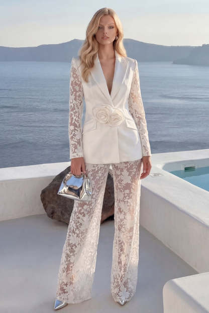 Leely Women Floral White Peak Lapel 2 Piece Business Suits Long Sleeves Single Breasted Work Pantsuits