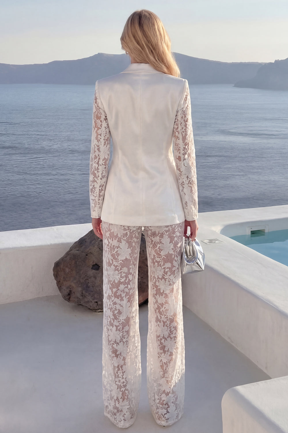 Floral White Peak Lapel Long Sleeves 2 Piece Business Suits