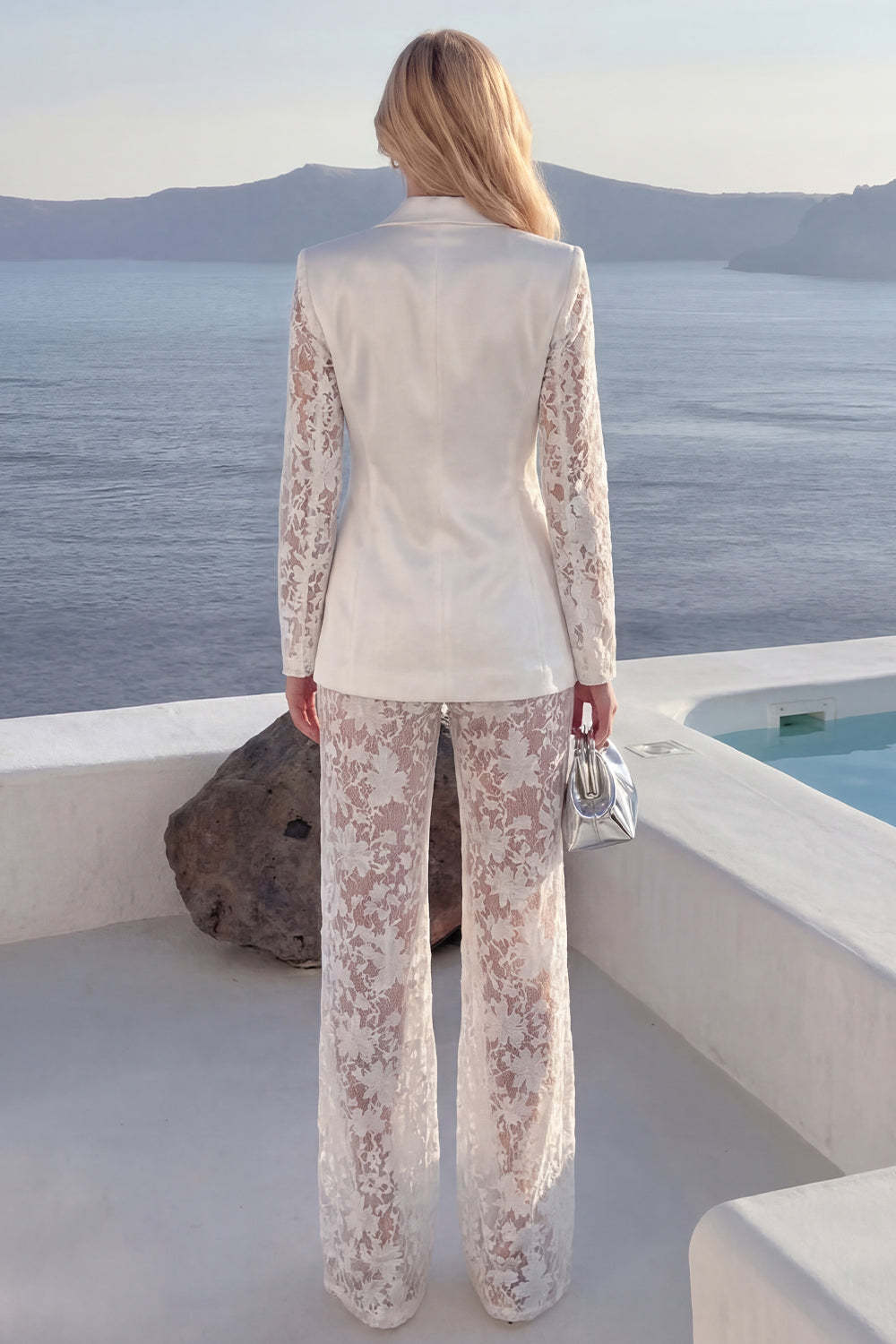 Floral White Peak Lapel Long Sleeves 2 Piece Business Suits