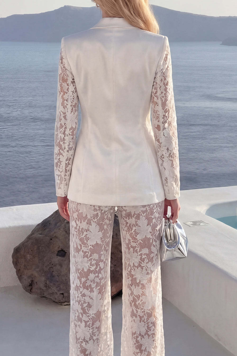 Floral White Peak Lapel Long Sleeves 2 Piece Business Suits