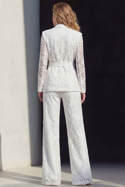 Floral White Peak Lapel Long Sleeves 2 Piece Business Suits with Belt