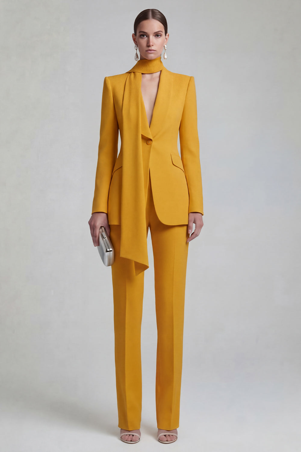 Blue Peak Lapel Long Sleeves 2 Piece Business Suits with Neck Scarf