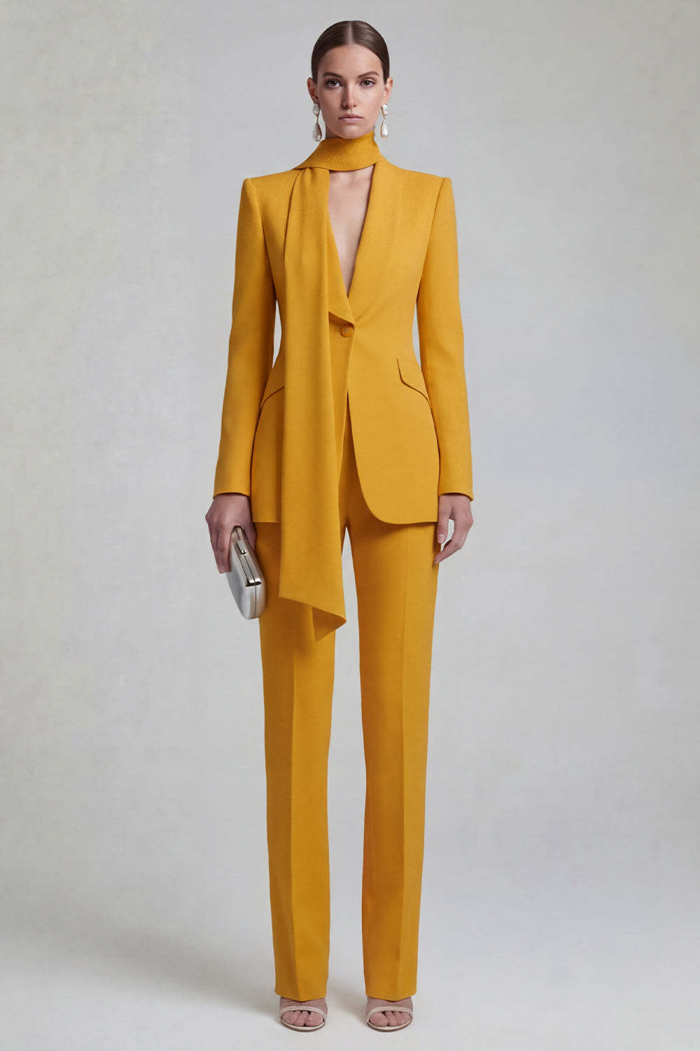 Blue Peak Lapel Long Sleeves 2 Piece Business Suits with Neck Scarf