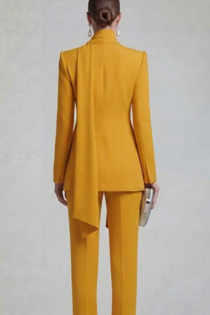 Blue Peak Lapel Long Sleeves 2 Piece Business Suits with Neck Scarf