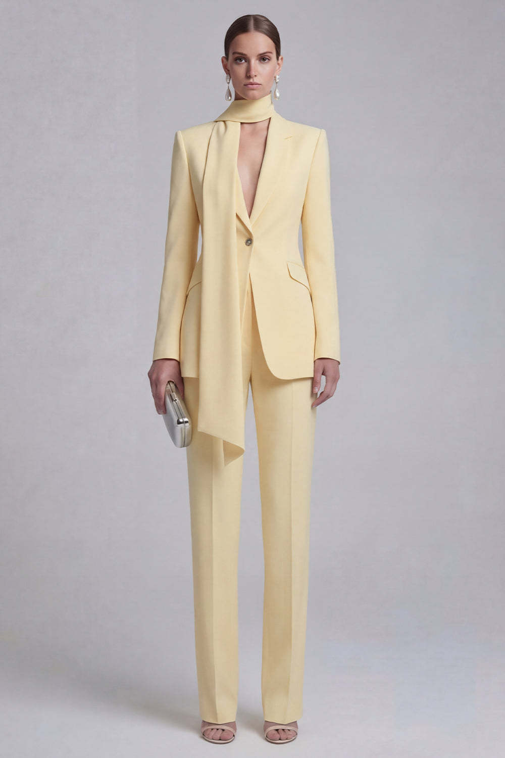 Blue Peak Lapel Long Sleeves 2 Piece Business Suits with Neck Scarf