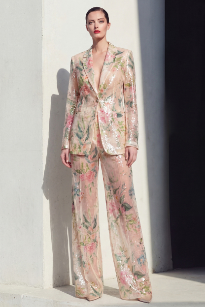 Leely Women Champagne Floral Peak Lapel Business Suits Long Sleeves 2 Piece Work Pantsuits