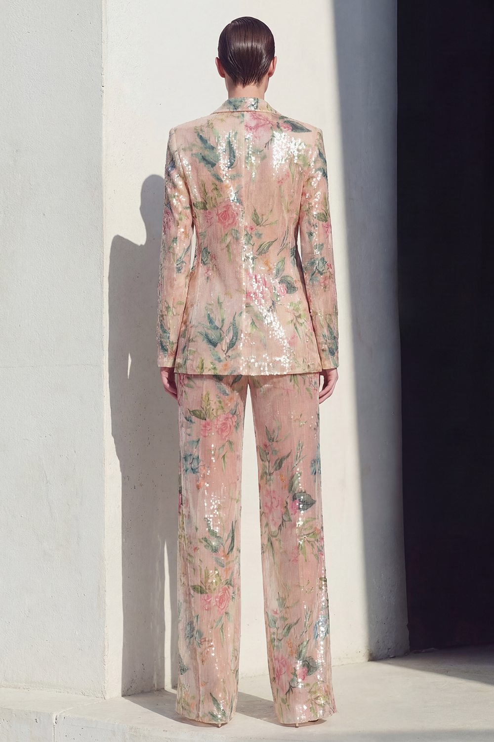 Champagne Floral Peak Lapel Long Sleeves 2 Piece Business Suits