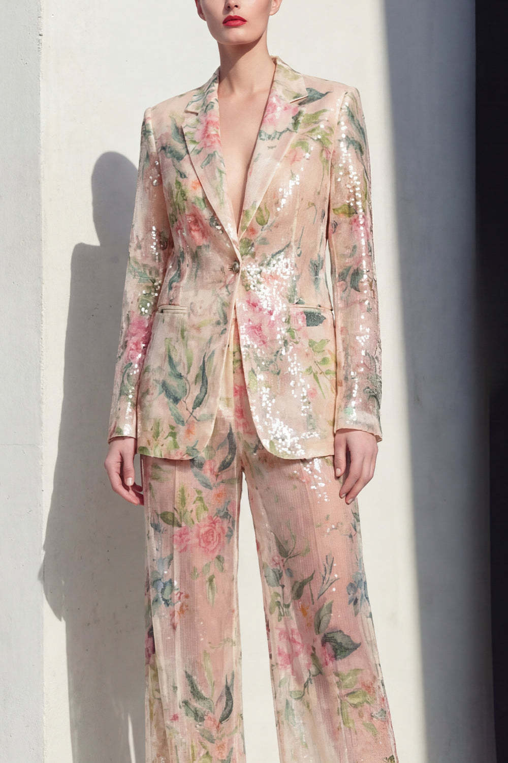 Champagne Floral Peak Lapel Long Sleeves 2 Piece Business Suits