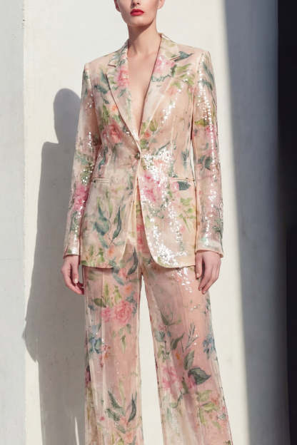 Champagne Floral Peak Lapel Long Sleeves 2 Piece Business Suits
