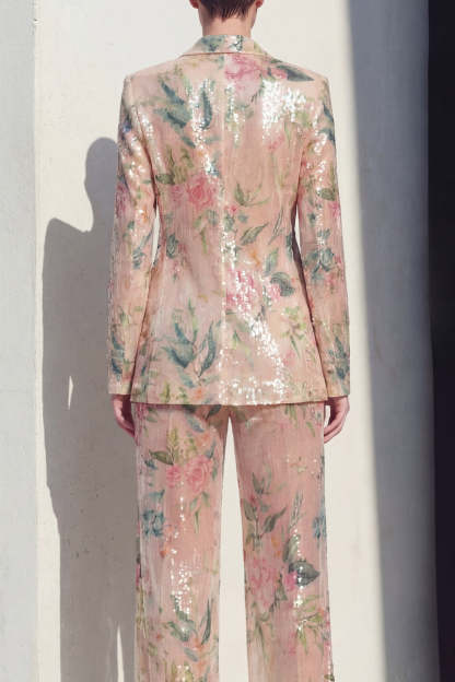Champagne Floral Peak Lapel Long Sleeves 2 Piece Business Suits